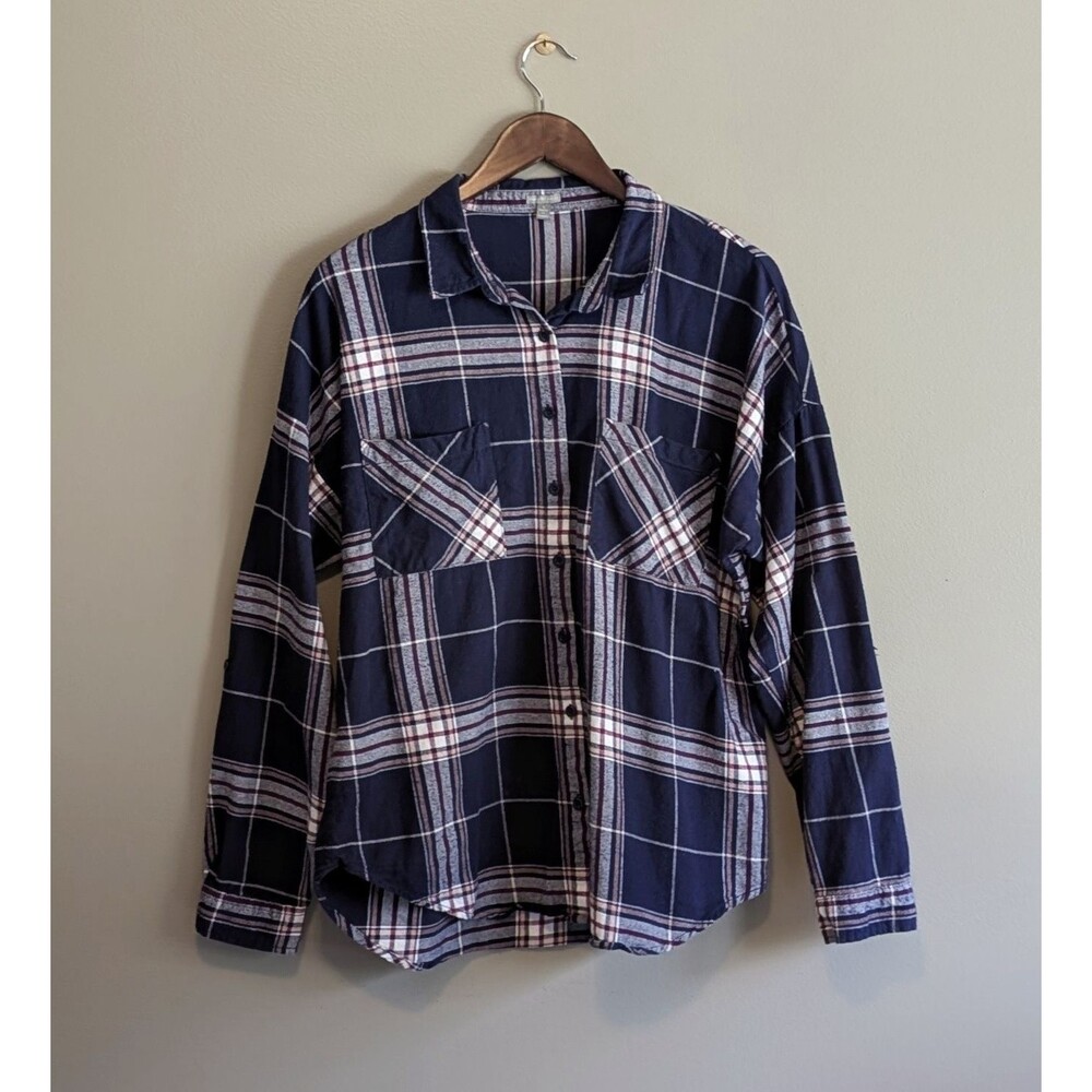 Charlotte Russe Blue Plaid Flannel Shirt Womens Large L Soft Button Down Top LS